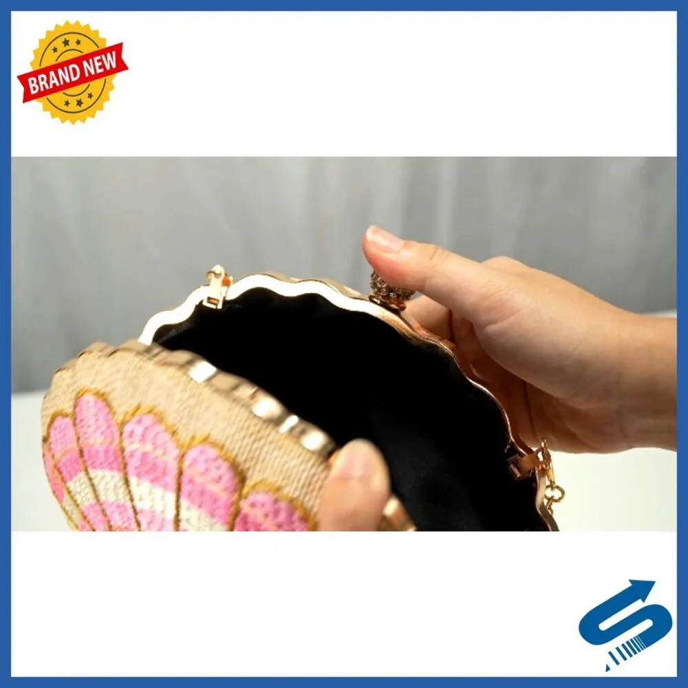 Straw Woven Clutch Purse Embroidered Shell Pattern Handbag Elegant Boho